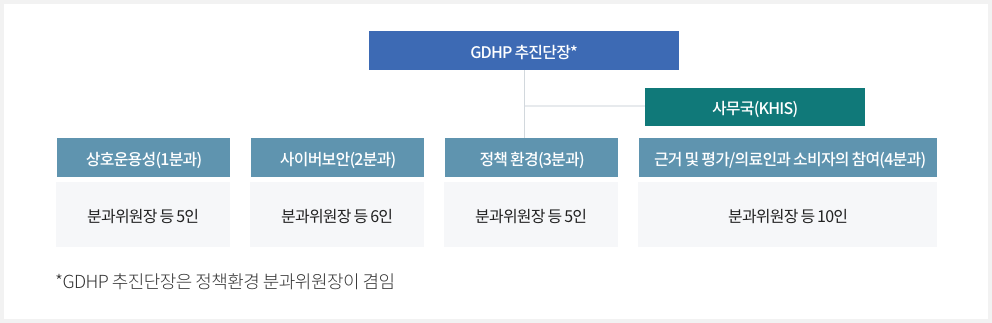 GDHP 추진단장(GDHP 추진단장은 정책 완경 분과위원장이 겸임) 하위에 5개 부서 배치됨, 사무국(KHIS) 외  상호운용성(1분과):분과위원장 등 5인, 사이버보안(2분과) : 분과위원장 등 6인, 정책 환경(3분과) : 분과위원장 등 5인, 근거 및 평가/의료인과 소비자의 참여(4분과) : 분과위원장 등 10인