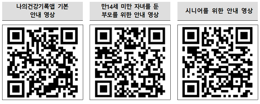 나의건강기록앱 기본 안내영상 QR링크 : https://qrfy.io/o6NF4ICHcK 만14세 미만 자녀를 둔 부모를 위한 안내 영상 QR링크 :https://www.youtube.com/watch?v=Dz94e-oKoxo 시니어를 위한 안내 영상 QR 링크 : https://www.youtube.com/watch?v=Dz94e-oKoxo