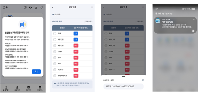 나의건강기록앱 캡쳐화면이 있다. 예방접종 예정 안내 알림창과, 예방접종 별 예방접종 목록 화면, 예정일 표시 기능과, 예방접종 알림 기능을 보여주고 있다.