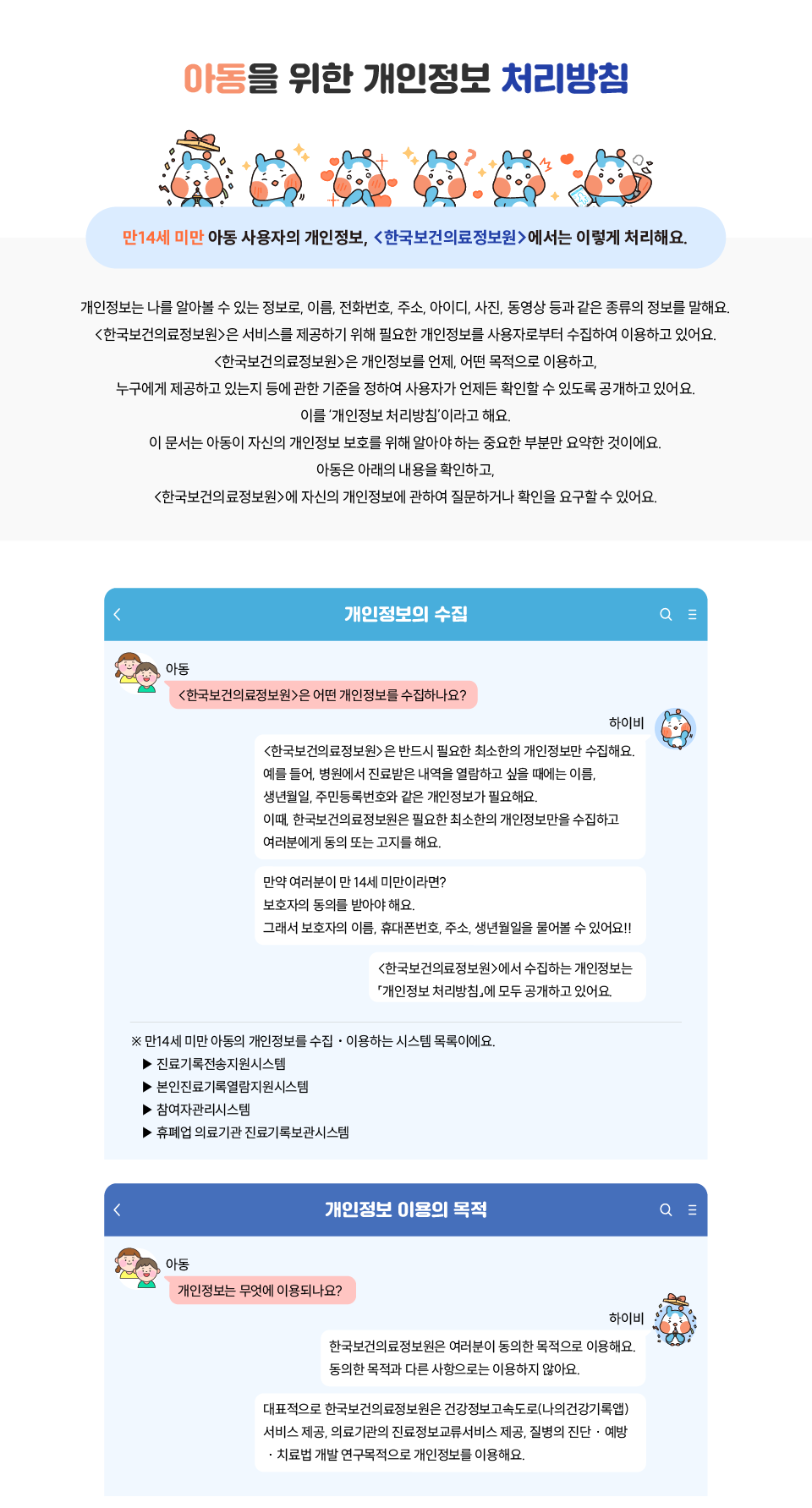 아동을 위한 개인정보 처리방침
만 14세 미만 아동 사용자의 개인정보, 한국보건의료정보원에서는 이렇게 처리해요.

개인정보는 나를 알아볼 수 있는 정보로, 이름, 전화번호, 주소, 아이디, 사진, 동영상 등과 같은 종류의 정보를 말해요.
한국보건의료정보원은 서비스를 제공하기 위해 필요한 개인정보를 사용자로부터 수집하여 이용하고 있어요.
한국보건의료정보원은 개인정보를 언제, 어떤 목적으로 이용하고, 
누구에게 제공하고 있는지 등에 관한 기준을 정하여 사용자가 언제든 확인할 수 있도록 공개하고 있어요. 
이를 개인정보처리방침이라고 해요.
이 문서는 아동이 자신의 개인정보 보호ㅗ를 위해 알아야 하는 중요한 부분만 요약한 것이에요.
아동은 아래의 내용을 확인하고, 한국보건의료정보원에 자신의 개인정보에 관하여 질문하거나 확인을 요구할 수 있어요.

개인정보의 수집 
아동 Q. 한국보건의료정보원은 어떤 개인정보를 수집하나요?
하이비 A. 한국보건의료정보원은 반드시 필요한 최소한의 개인정보만 수집해요. 예를들어 병원에서 진료받은 내역을 열람하고 싶을 때에는 이름, 생년월일, 주민등록번호와 같은 개인정보가 필요해요. 
이때 한국보건의료정보원은 필요한 최소한의 개인정보만 수집하고 여러분에게 동의 또는 고지를 해요.
만약 여러분이 만 14세 미만이라면?
보호자의 동의를 받아야 해요.
그래서 보호자의 이름, 휴대폰번호, 주소, 생년월일을 물어볼 수 있어요!!
한국보건의료정보원에서 수집하는 개인정보는 개인정보처리방침에 모두 공개하고 있어요.
- 만 14세 미만 아동의 개인정보를 수집∙이용하는 시스템 목록이에요.
- - 진료기록전송지원시스템
- - 본인진료기록열람지원시스템
- - 참여자관리시스템
- - 휴폐업 의료기관 진료기록보관시스템

개인정보 이용의 목적 

아동 Q. 개인정보는 무엇에 이용되나요?
하이비 A. 한국보건의료정보원은 여러분이 동의한 목적으로 이용해요.
다양한 목적과 다른 사항으로는 이용하지 않아요.
대표적으로 한국보건의료정보원은 건강정보고속도로(나의건강기록앱) 서비스 제공, 의료기관의 진료정보교류서비스 제공, 질병의 진단∙예방∙치료법 개발 연구목적으로 개인정보를 이용해요.