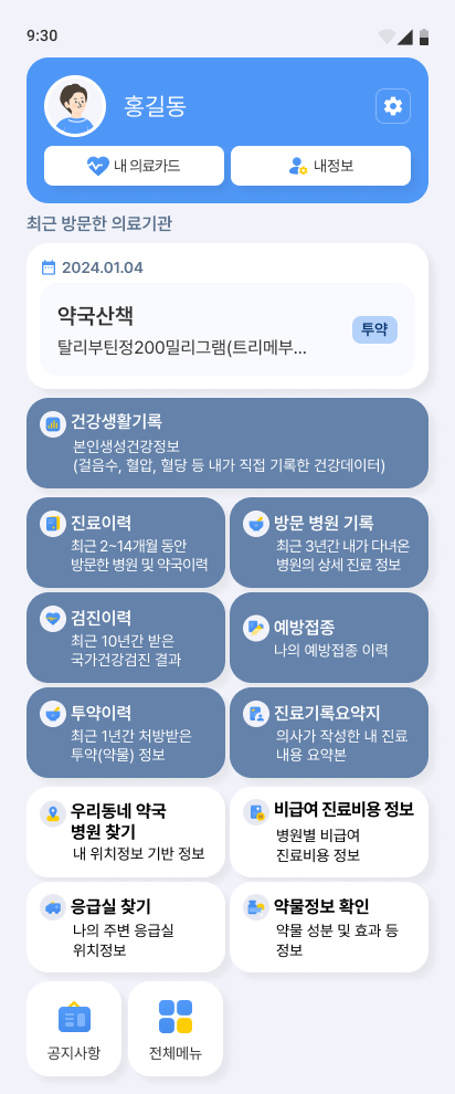 (사진1) 나의건강기록 메인화면