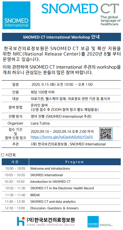  SNOMED International SNOMED CT The global language of healthcare SNOMED CT International Workshop 안내 한국보건의료정보원은 SNOMED CT 보급 및 확산 지원을 위한 NRC(National Release Center)를 2020년 8월부터 운영하고 있습니다. 이와 관련하여 SNOMED CT international 주관의 workshop을 개최 하오니 관심있는 분들의 많은 참여 바랍니다. 일정 2020. 9.15 (화) 오전 10:00 ~ 오후 1:00 인원 회당 100명 이하 대상 의료기관, 헬스케어 업체, 의료정보 관련 기관 등 종사자 참여 방법 온라인 참여 (신청 접수 후 ZOOM 참여 링크 별도 메일발송) 진행 방식 영어 진행 (SNOMED International 주관) Organizer Liara Tutina 접수 기간 및 참석 신청 링크 2020.09.10 ~ 2020.09.14 오후 2:00 까지 https://forms.gle/hdQa4sK6zfdZYQsF6 주관 (재) 한국보건의료정보원, SNOMED International 시간표 시간 / Program 10:00 - 10:05 Welcome and introductions 10:05 - 10:20 SNOMED International 10:20 - 10:50 Introduction to SNOMED CT 10:50 - 11:30 SNOMED CT in the Electronic Health Record 11:30 - 11:40 BREAK 11:40 - 12:30 SNOMED CT and data analytics 12:30 - 13:00 Discussion, Questions & Answers (재)한국보건의료정보원 Korea Health Information Service SNOMED International 