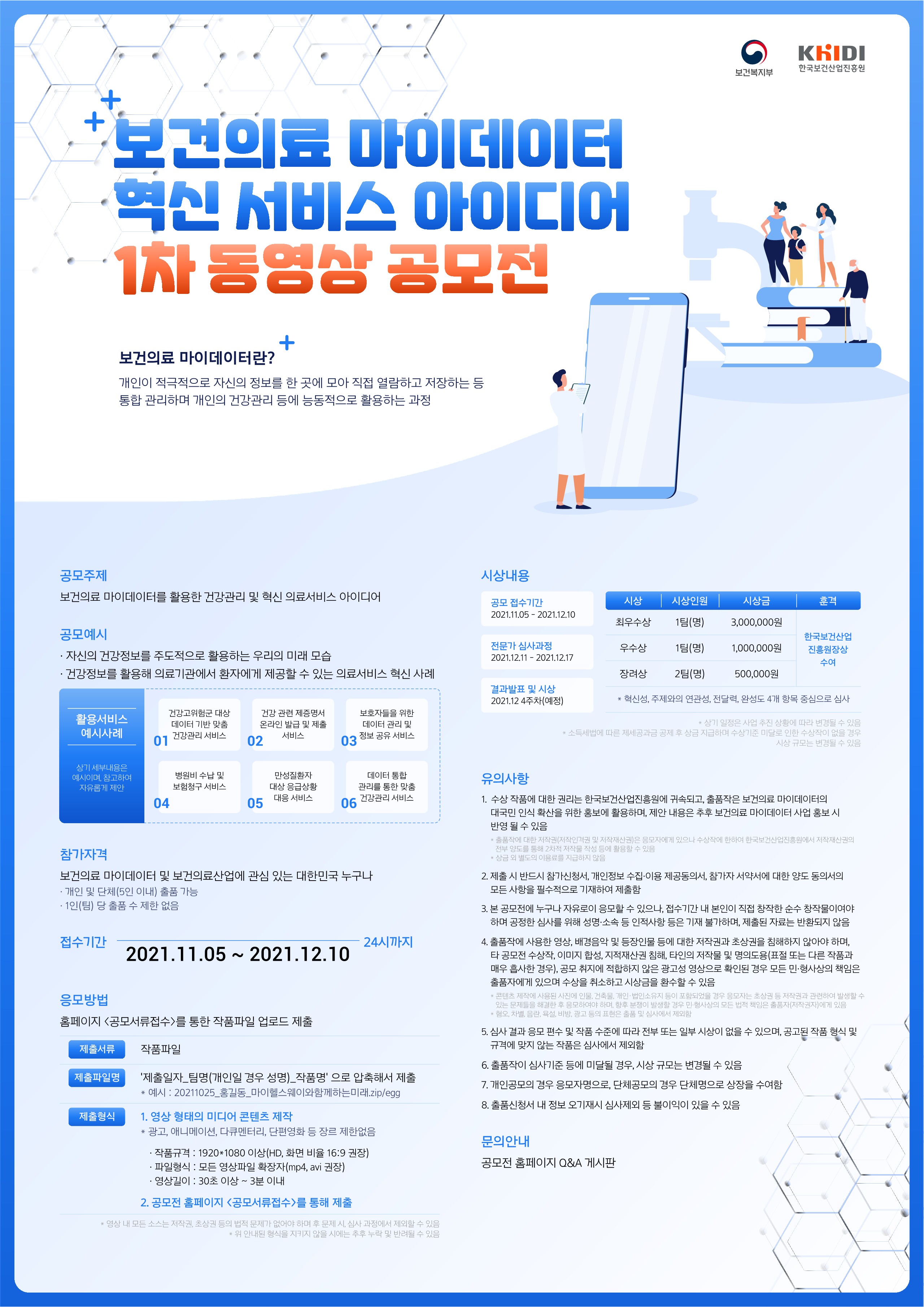  보건의료 마이데이터 혁신 서비스 아이디어 1차 동영상 공모전 보건의료 마이데이터란 개인이 적극적으로 자신의 정보를 한 곳에 모아 직접 열람하고 저장하는 등 통합 관리하며 개인의 건강관리 등에 능동적으로 활용하는 과정 공모주제 보건의료 마이데이터를 활용한 건강관리 및 혁신 의료서비스 아이디어 공모예시 자신의 건강정보를 주도적으로 활용하는 우리의 미래 모습 건강정보를 활용해 의료기관에서 환자에게 제공할 수 있는 의료서비스 혁신 사례 활용서비스 예시 상기 세부 내용은 예시이며, 참고하여 자유롭게 제안 01 건강고위험군 대상 데이터 기반 맞춤 건강관리 서비스 02 건강 관련 제증명서 온라인 발급 및 제출 서비스 03 보호자들을 위한 데이터 관리 및 정보 공유 서비스 04 병원비 수납 및 보험청구 서비스 05 만성질환자 대상 응급상황 대응 서비스 06 데이터 통합 관리를 통한 맞춤 건강관리 서비스 참가자격 보건의료 마이데이터 및 보건의료산업에 관심 있는 대한민국 누구나 개인 및 단체(5인 이내) 출품 가능 1인(팀) 당 출품 수 제한 없음 접수기간 2021.11.05 ~ 2021.12.10 24시까지 응모방법 홈페이지 공모서류접수를 통한 작품파일 업로드 제출 제출서류 작품파일 제출파일명 제출일자_팀명(개인일 경우 성명)_작품명 으로 압축해서 제출 *예시 20211025_홍길동_마이헬스웨이와함게하는미래.zip/egg 제출형식 1. 영상 형태의 미디어 콘텐츠 제작 *광고, 애니메이션, 다큐멘터리, 단편영화 등 장르 제한없음 작품규격 1920x1080 이상(HD 화면 비율 16대9 권장) 파일형식 모든 영상파일 확장자 mp4 avi 권장 영상길이 30초 이상 3분 이내 2. 공모전 홈페이지 공모서류접수를 통해 제출 * 영상 내 모든 소스는 저작권, 초상권 등의 법적 문제가 없어야하며 후 문제 시 심사과정에서 제외할 수 있음 * 위 안내된 형식을 지키지 않을 시에는 추후 누락 및 반려될 수 있음 시상내용 공모 접수기간 2021.11.05 ~ 2021.12.10 전문가 심사과정 2021.12.11 ~ 2021.12.17 결과발표 및 시상 2021.12.4주차 예정 시상 시상인원 시상금 훈격 최우수상 1팀 명 3,000,000원 한국보건산업진흥원장상 수여 우수상 1팀 명 1,000,000원 한국보건산업진흥원장상 수여 장려상 2팀 명 500,000원 한국보건산업진흥원장상 수여 *혁신성, 주제와의 연관성, 전달력, 완성도 4개 항목 중심으로 심사 유의사항 1 수상작품에 대한 권리는 한국보건산업진흥원에 귀속되고, 출품작은 보건의료 마이데이터의 대국민 인식 확산을 위한 홍보에 활용하며, 제안 내용은 추후 보건의료 마이데이터 사업 홍보 시 반영될 수 있음 * 출품작에 대한 저작권(저작인격권 및 저작재산권)은 응모자에게 있으나 수상작에 한하여 한국보건산업진흥원에서 저작재산권의 전부 양도를 통해 2차적 저작물 작성등에 활용할 수 있음 * 상금 외 별도의 이용료를 지급하지 않음 2 제출 시 반드시 참가신청서, 개인정보 수집 이용 제공동의서, 참가자 서약서에 대한 양도 동의의서 모든 사항을 필수적으로 기재하여 제출함 3 본 공모전에 누구나 자유로이 응모할 수 있으나, 접수기간 내 본인이 직접 창작한 순수 창작물이어야 하며 공정한 심사를 위해 성명·소속 등 인적사항 등은 기재 불가하며, 제출된 자료는 반환되지 않음 4 출품작에 사용한 영상, 배경음악 및 등장인물 등에 대한 저작권과 초상권을 침해하지 않아야 하며, 타 공모전 수상작, 이미지합성, 지적재산권 침해, 타인의 저작물 및 명의도용(표절 또는 다른 작품과 매우 흡사한 경우), 공모 취지에 적합하지 않은 광고성 영상으로 확인된 경우 모든 민·형사상의 책임은 출품자에게 있으며 수상을 취소하고 시상금을 환수할 수 있음 * 콘텐츠 제작에 사용된 사진에 인물, 건출물, 개인·법인소유지 등이 포함되었을 경우 응모자는 초상권 등 저작권과 관련하여 발생할 수 있는 문제들을 해결한 후 응모하여야하며, 향후 분쟁이 발생할 경우 민·형사상의 모든 법적 책임은 출품자(저작권자)에게 있음 * 혐오, 차별, 음란, 욕설, 비방, 광고 등의 표현은 출품 및 심사에서 제외함 5 심사 결과 응모 편수 및 작품 수준에 따라 전부 또는 일부 시상이 없을 수 있으며, 공모전 작품 형식 및 규격에 맞지 않은 작품은 심사에서 제외함 6 출품작이 심사기준 등에 미달될 경우, 시상 규모는 변경될 수 있음 7 개인 공모의 경우 응모자명으로, 단체공모의 경우 단체명으로 상장을 수여함 8 출품신청서 내 정보 오기재시 심사제외 등 불이익이 있을 수 있음 문의안내 공모전 홈페이지 Q&A 게시판 보건복지부 KHIDI 한국보건산업진흥원 