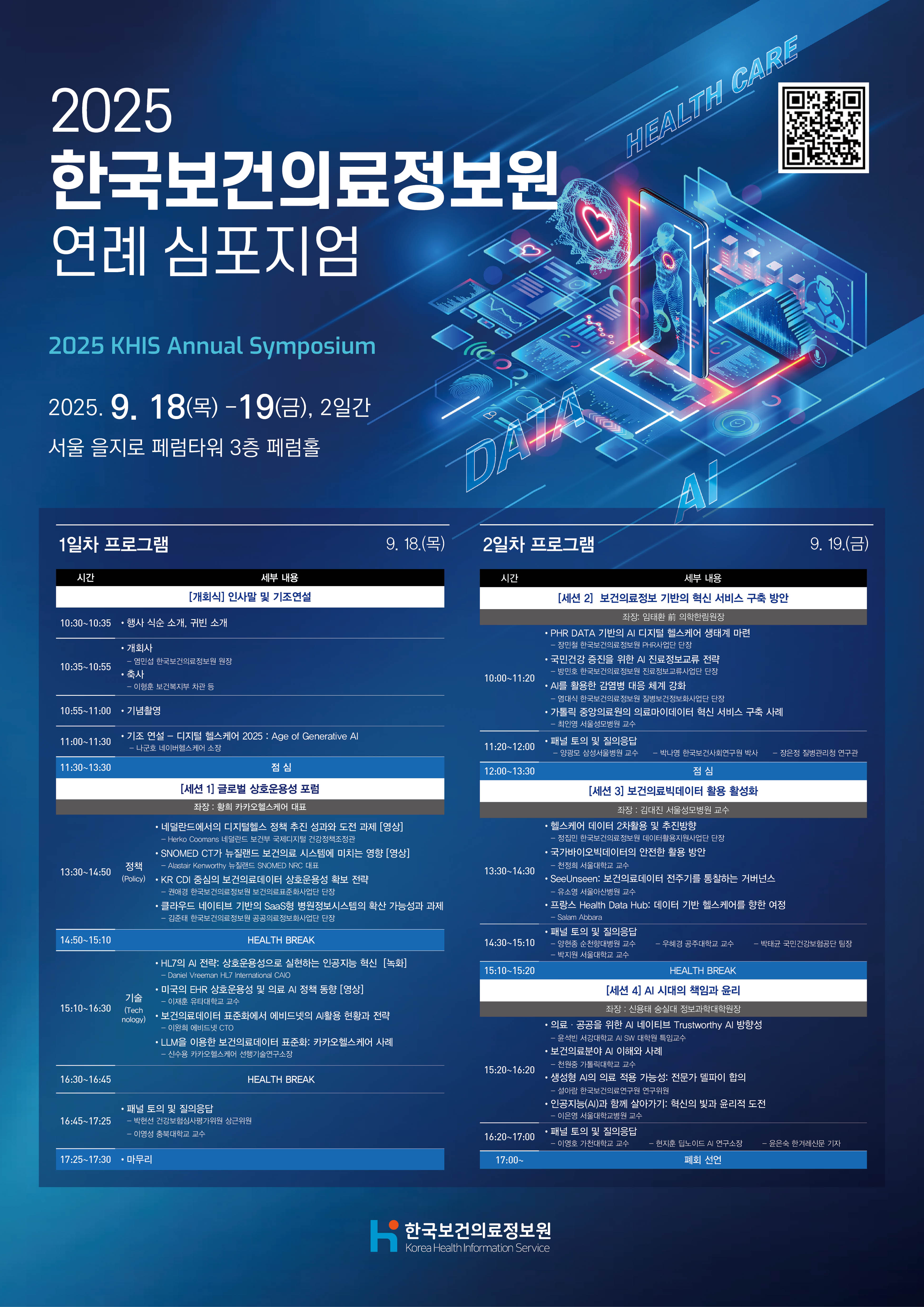  2025 한국보건의료정보원 연례 심포지엄 2025 KHIS Annual Symposium  사전 등록 폼 QR 이미지(https://m.site.naver.com/1PKMX)  2025.09.18(목) - 19(금), 2일간 서울 을지로 페럼타워 3층 페럼홀 1일차 프로그램 9. 18.(목) 시간 세부 내용 [개회식] 인사말 및 기조연설 10:30~10:35 행사 식순 소개, 귀빈 소개 10:35~10:55 개회사 염민섭 한국보건의료정보원 원장 축사 이형훈 보건복지부 차관 등 10:55~11:00 기념촬영 11:00~11:30 기조 연설 – 디지털 헬스케어 2025 : Age of Generative AI 나군호 네이버헬스케어 소장 11:30~13:30 점심 [세션 1] 글로벌 상호운용성 포럼 좌장 : 황희 카카오헬스케어 대표 13:30~14:50 정책(Policy) 네덜란드에서의 디지털헬스 정책 추진 성과와 도전 과제 [영상] - Herko Coomans 네덜란드 보건부 국제디지털 건강정책조정관 SNOMED CT가 뉴질랜드 보건의료 시스템에 미치는 영향 [영상] - Alastair Kenworthy 뉴질랜드 SNOMED NRC 대표 KR CDI 중심의 보건의료데이터 상호운용성 확보 전략 - 권애경 한국보건의료정보원 보건의료표준화사업단 단장 클라우드 네이티브 기반의 SaaS형 병원정보시스템의 확산 가능성과 과제 - 김준태 한국보건의료정보원 공공의료정보화사업단 단장 14:50~15:10 HEALTH BREAK 15:10~16:30 기술(Technology) HL7의 AI 전략: 상호운용성으로 실현하는 인공지능 혁신 [녹화] - Daniel Vreeman HL7 International CAO 미국의 EHR 상호운용성 및 의료 AI 정책 동향 [영상] - 이재훈 유타대학교 교수 보건의료데이터 표준화에서 에비드넷의 AI활용 현황과 전략 - 이완희 에비드넷 CTO LLM을 이용한 보건의료데이터 표준화: 카카오헬스케어 사례 - 신수용 카카오헬스케어 선행기술연구소장 16:30~16:45 HEALTH BREAK 16:45~17:25 패널 토의 및 질의응답 - 박현선 건강보험심사평가원 상근위원 - 이영성 충북대학교 교수 17:25~17:30 마무리 2일차 프로그램 9. 19.(금) 시간 세부 내용 [세션 2] 보건의료정보 기반의 혁신 서비스 구축 방안 좌장: 임태환 前 의학한림원장 10:00~11:20 PHR DATA 기반의 AI 디지털 헬스케어 생태계 마련 - 장민철 한국보건의료정보원 PHR사업단 단장 국민건강 증진을 위한 AI 진료정보교류 전략 - 방민호 한국보건의료정보원 진료정보교류사업단 단장 AI를 활용한 감염병 대응 체계 강화 - 염대식 한국보건의료정보원 질병보건정보화사업단 단장 가톨릭 중앙의료원의 의료마이데이터 혁신 서비스 구축 사례 - 최인영 서울성모병원 교수 11:20~12:00 패널 토의 및 질의응답 - 양광모 삼성서울병원 교수 - 박나영 한국보건사회연구원 박사 - 장은정 질병관리청 연구관 12:00~13:30 점심 [세션 3] 보건의료빅데이터 활용 활성화 좌장 : 김대진 서울성모병원 교수 13:30~14:30 헬스케어 데이터 2차활용 및 추진방향 - 정집민 한국보건의료정보원 데이터활용지원사업단 단장 국가바이오빅데이터의 안전한 활용 방안 - 천정희 서울대학교 교수 SeeUnseen: 보건의료데이터 전주기를 통찰하는 거버넌스 - 유소영 서울아산병원 교수 프랑스 Health Data Hub: 데이터 기반 헬스케어를 향한 여정 - Salam Abbara 14:30~15:10 패널 토의 및 질의응답 - 양현종 순천향대병원 교수 - 우혜경 공주대학교 교수 - 박태균 국민건강보험공단 팀장 - 박지원 서울대학교 교수 15:10~15:20 HEALTH BREAK [세션 4] AI 시대의 책임과 윤리 좌장 : 신용태 숭실대 정보과학대학원장 15:20~16:20 의료·공공을 위한 AI 네이티브 Trustworthy AI 방향성 - 윤석빈 서강대학교 AI SW 대학원 특임교수 보건의료분야 AI 이해와 사례 - 천원중 가톨릭대학교 교수 생성형 AI의 의료 적용 가능성: 전문가 델파이 합의 - 설아람 한국보건의료연구원 연구위원 인공지능(AI)과 함께 살아가기: 혁신의 빛과 윤리적 도전 - 이은영 서울대학교병원 교수 16:20~17:00 패널 토의 및 질의응답 - 이영호 가천대학교 교수 - 현지훈 딥노이드 AI 연구소장 - 윤은숙 한겨레신문 기자 17:00~ 폐회 선언 한국보건의료정보원 Korea Health Information Servicel
