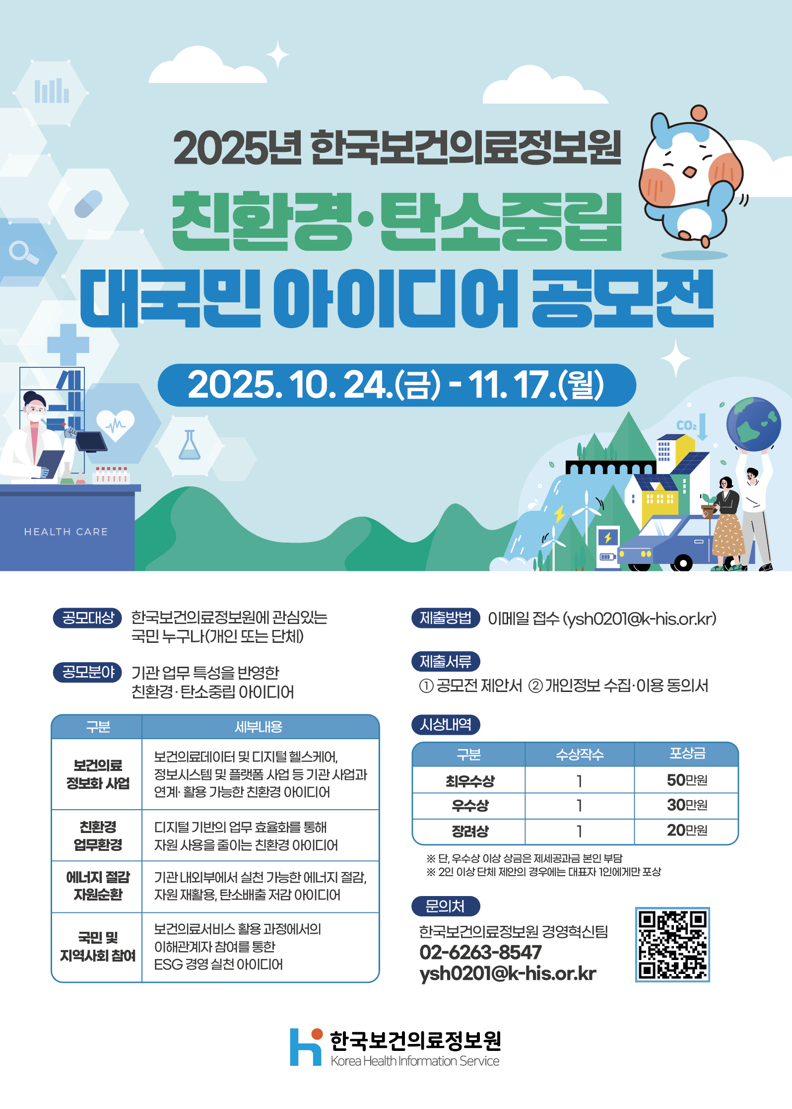  2025년 한국보건의료정보원 친환경·탄소중립 대국민 아이디어 공모전 2025. 10. 24.(금) - 11. 17.(월) 공모대상 : 한국보건의료정보원에 관심있는 국민 누구나(개인 또는 단체) 공모분야 : 기관 업무 특성을 반영한 친환경·탄소중립 아이디어 제출방법 : 이메일 접수(ysh0201@khis.kr ) 제출서류 : ① 공모전 제안서 ② 개인정보 수집·이용 동의서 구분 세부내용 보건의료 정보화 사업 : 보건의료데이터 및 디지털 헬스케어, 정보시스템 및 플랫폼 사업 등 기관 사업과 연계·활용 가능한 친환경 아이디어 친환경 업무환경 : 디지털 기반의 업무 효율화를 통해 자원 사용을 줄이는 친환경 아이디어 에너지 절감 자원순환 : 기관 내외부에서 실천 가능한 에너지 절감, 자원 재활용, 탄소배출 저감 아이디어 국민 및 지역사회 참여 : 보건의료서비스 활용 과정에서의 이해관계자 참여를 통한 ESG 경영 실천 아이디어 시상내역 구분 수상작수 포상금 최우수상 1 50만원 우수상 1 30만원 장려상 1 20만원 ※ 단, 우수상 이상 상금은 제세공과금 본인 부담 ※ 2인 이상 단체 제안의 경우에는 대표자 1인에게만 포상 문의처 한국보건의료정보원 경영혁신팀 02-6263-8547 ysh0201@khis.kr 한국보건의료정보원 QR링크(https://www.khis.kr/) 